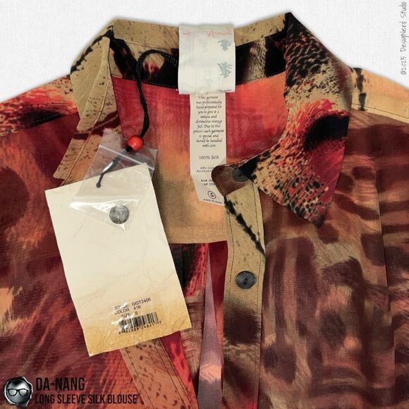 DA-NANG BOHEME SILK BUTTON DOWN LONG SLEEVE BLOUSE IN VINTAGE SUNSET ABSTRACT - Picture 8 of 12